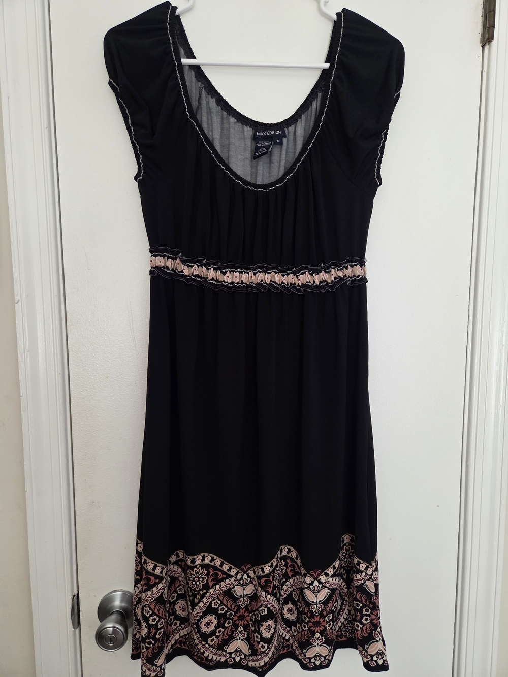 Max Edition Black Empire Waist Border Print Cap Sleeve Dress Size Small